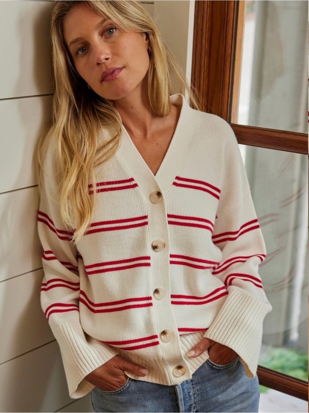 LAKE Cream Striped Button-Front Sweater Cardigan with Red Accents